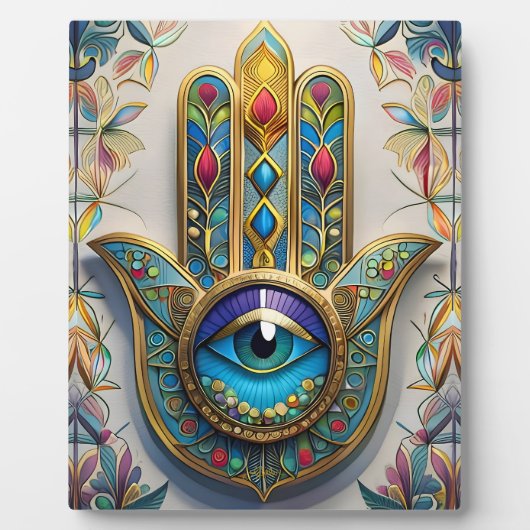 Goldfarbene Filigree Blaugrün, drittes Auge Hamsa Fotoplatte (Vorderseite)