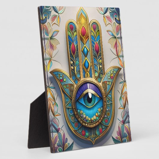 Goldfarbene Filigree Blaugrün, drittes Auge Hamsa Fotoplatte (Seite)