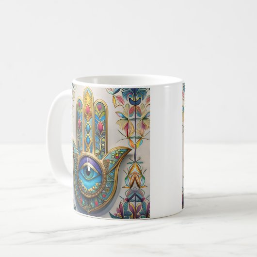 Goldfarbene Filigree Blaugrün, drittes Auge Hamsa Kaffeetasse (Vorderseite Links)