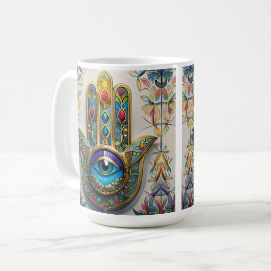 Goldfarbene Filigree Blaugrün, drittes Auge Hamsa Kaffeetasse (Vorderseite Links)