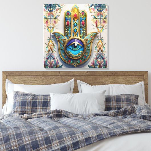 Goldfarbene Filigree Blaugrün, drittes Auge Hamsa Leinwanddruck (Insitu (Schlafzimmer))