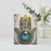 Goldfarbene Filigree Blaugrün, drittes Auge Hamsa Postkarte (Stehend Vorderseite)