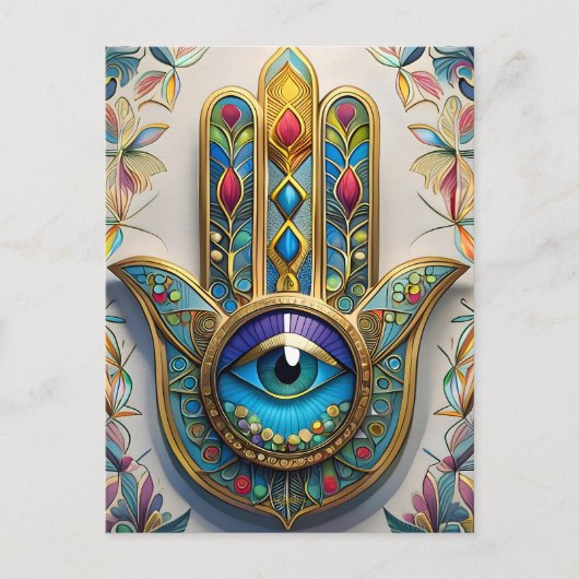 Goldfarbene Filigree Blaugrün, drittes Auge Hamsa Postkarte (Vorderseite)