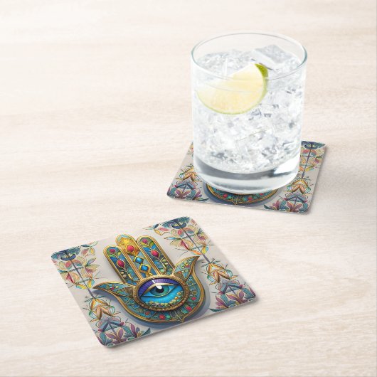 Goldfarbene Filigree Blaugrün, drittes Auge Hamsa Rechteckiger Pappuntersetzer (Vor Ort)