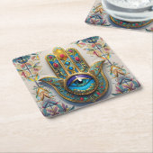 Goldfarbene Filigree Blaugrün, drittes Auge Hamsa Rechteckiger Pappuntersetzer (angewinkelt)