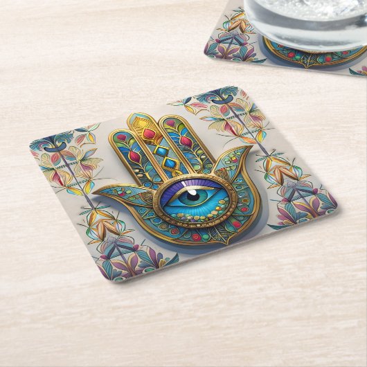 Goldfarbene Filigree Blaugrün, drittes Auge Hamsa Rechteckiger Pappuntersetzer (angewinkelt)