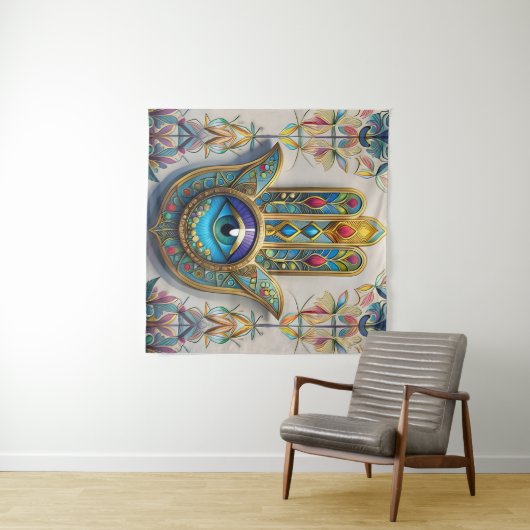 Goldfarbene Filigree Blaugrün, drittes Auge Hamsa Wandteppich (Beispiel (Horizontal))