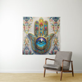 Goldfarbene Filigree Blaugrün, drittes Auge Hamsa Wandteppich