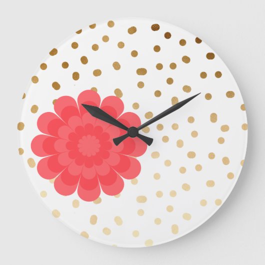 goldfarbene goldfarbene Blume-Polka-Punktmuster Große Wanduhr (Vorderseite)