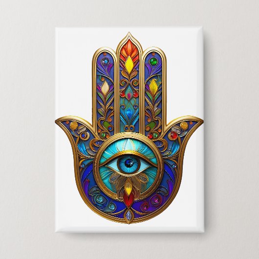 Goldfarbene Hamsa Türkis Saphir Drittes Auge Button (Vorderseite)