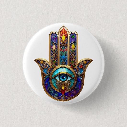 Goldfarbene Hamsa Türkis Saphir Drittes Auge Button (Vorderseite)