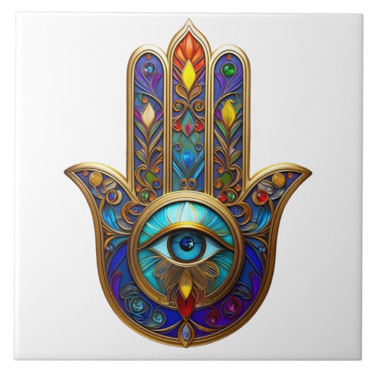 Goldfarbene Hamsa-Turquoise Saphir Drittes Auge Fliese (Vorderseite)