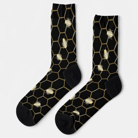 Goldfarbene Honey Bee Honeycomb Design Black Socken (Linkes Detail)