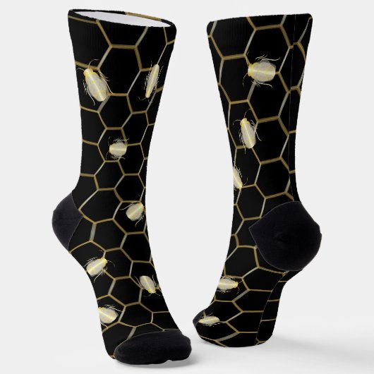 Goldfarbene Honey Bee Honeycomb Design Black Socken (Gewinkelt)