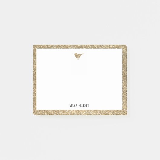 Goldfarbene Imitate Glitzer Bird & Border mit Weiß Post-it Klebezettel (Vorderseite)