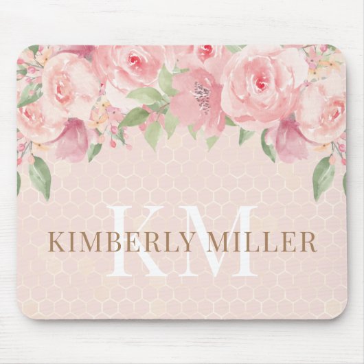 Goldfarbene Rosa Blütenrosa Monogramm Mousepad (Vorne)