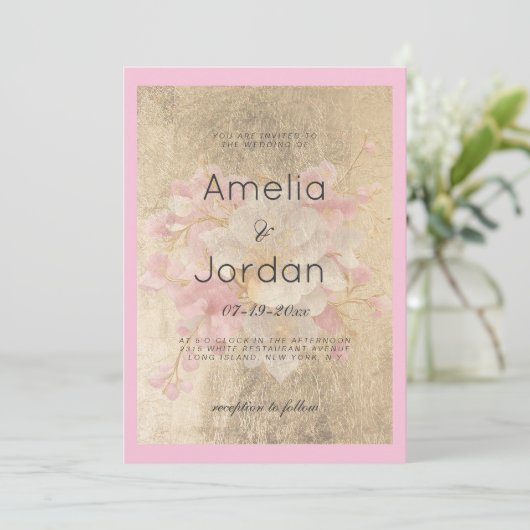 Goldfarbene Rosa Kirschblüte Blütenhochzeit Einladung (Stehend Vorderseite)