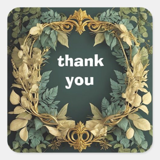 goldfarbene und grüne Blätter Rahmen danke Quadratischer Aufkleber (Vorderseite)