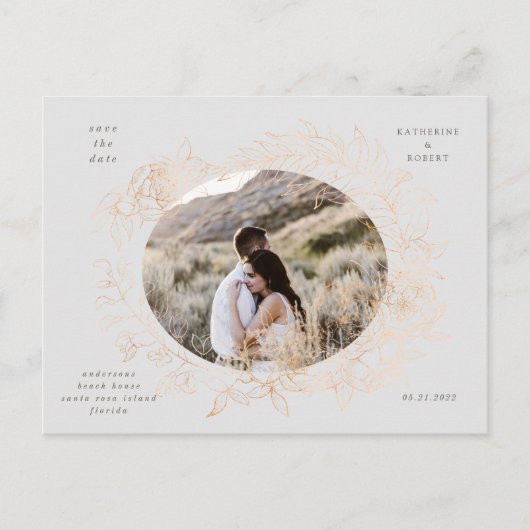 goldfarbener, blumengeschmückter Save the Date Pos Postkarte (Vorderseite)