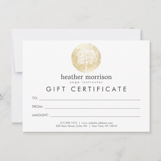 Goldfarbener Tree Yoga und Wellness-Geschenkkarte (Vorderseite)