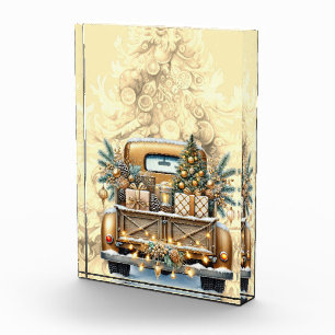 Goldfarbener Vintage-LKW Frohe Weihnachten Fotoblock