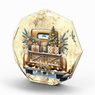 Goldfarbener Vintager LKW Frohe Weihnachten Fotoblock