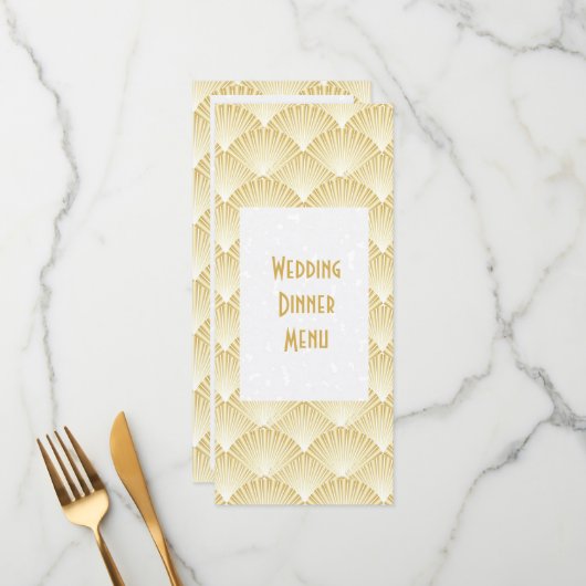 Goldfarbenes Art Deco Design Hochzeitsessen Menükarte (Vorderseite/Rückseite Beispiel)