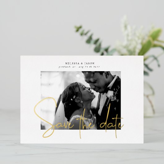 goldfarbenes Drehbuch Save the Date Foil Einladung (Stehend vorne)