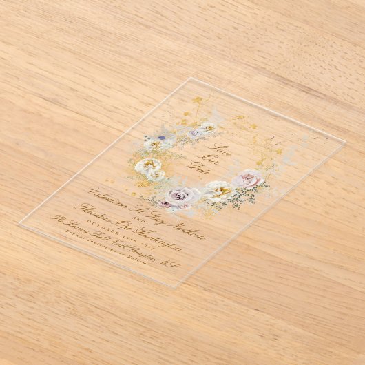 goldfarbenes Foto mit Blumenkranz Save the Date Acryleinladungen (Ablage )
