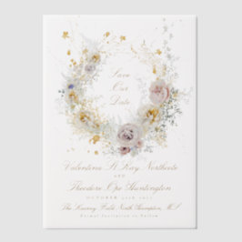 goldfarbenes Foto mit Blumenkranz Save the Date Pergament Einladungen