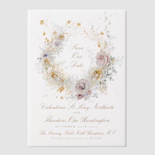 goldfarbenes Foto mit Blumenkranz Save the Date Pergament Einladungen (Vorderseite)