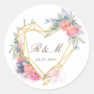 goldfarbenes Herz rosa, florelegant Save the Date Runder Aufkleber