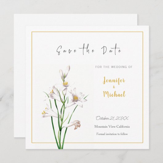 Goldfarbige Calligrapy-Blume für Hochzeiten Save t Einladung (Vorne/Hinten)