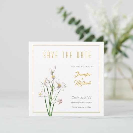 Goldfarbige Calligrapy-Blume für Hochzeiten Save t Einladung (Stehend Vorderseite)