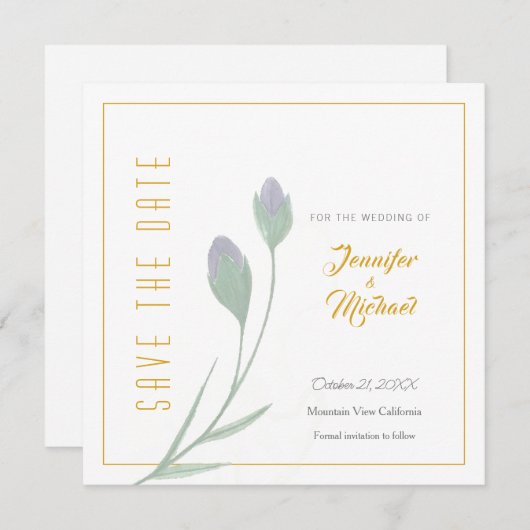 Goldfarbige Calligrapy-Blume für Hochzeiten Save t Einladung (Vorne/Hinten)