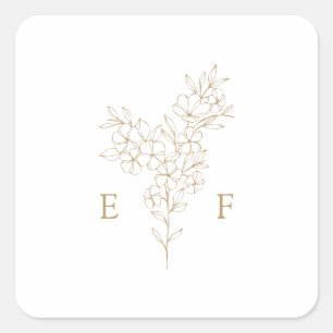 Goldfass-Blossom-Wreath-Monogramm-Hochzeit Quadratischer Aufkleber