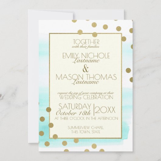Goldfetti-Dots und Wasserfarbenhochzeit Einladung (Vorderseite)