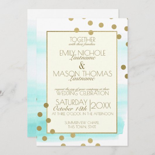 Goldfetti-Dots und Wasserfarbenhochzeit Einladung (Vorne/Hinten)