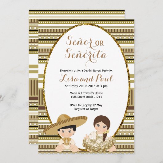 Goldfiesta Señor oder Señorita Gender Reveal Einladung (Vorne/Hinten)