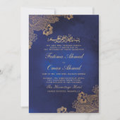 Goldfilm Lace Verziert Blue Islamic Muslim Hochzei Einladung (Vorderseite)