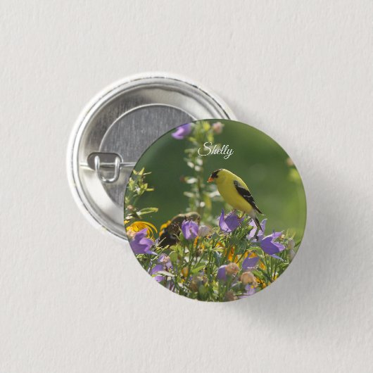 Goldfinch auf einer Harebell-Blume Button (Vorne & Hinten)