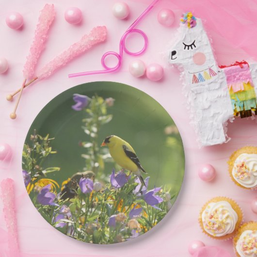 Goldfinch auf einer Harebell-Blume Pappteller (Party)