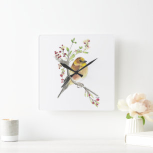 Goldfinch Bird Watercolor Art Quadratische Wanduhr