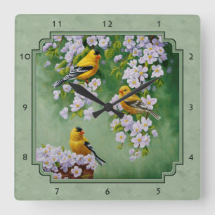 Goldfinch Birds and Flowers Green Quadratische Wanduhr
