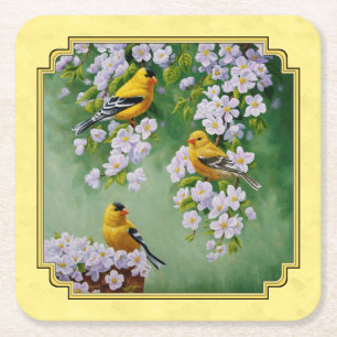 Goldfinch Birds & Apple Blossoms gelb Rechteckiger Pappuntersetzer