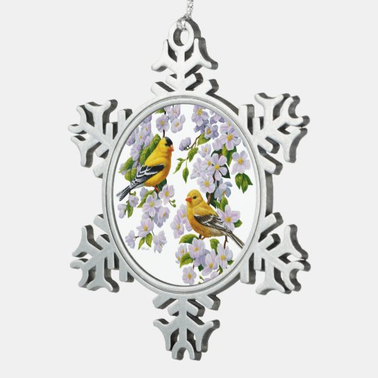 Goldfinch Birds & Blume U-Pick Hintergrundfarbe Schneeflocken Zinn-Ornament (Rechts)