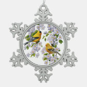 Goldfinch Birds & Blume U-Pick Hintergrundfarbe Schneeflocken Zinn-Ornament (Vorderseite)