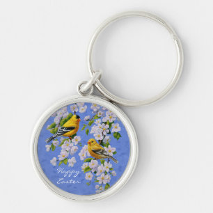 Goldfinch Birds und Blume Blau Schlüsselanhänger
