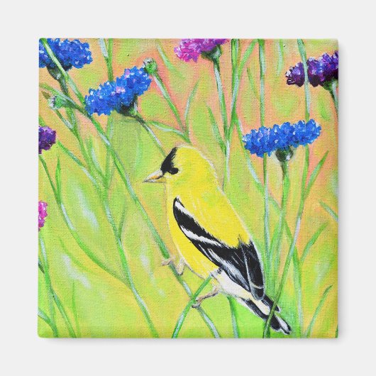 Goldfinch in Wildblumen Malerei Magnet (Vorne)