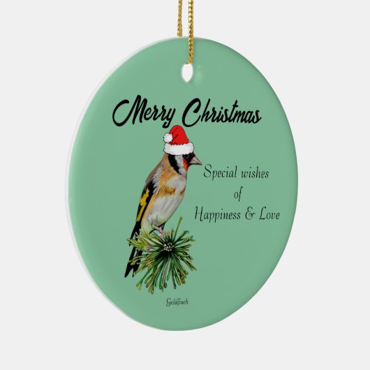 Goldfinch mit einer Weihnachtsmannmütze Keramik Ornament (Rechts)